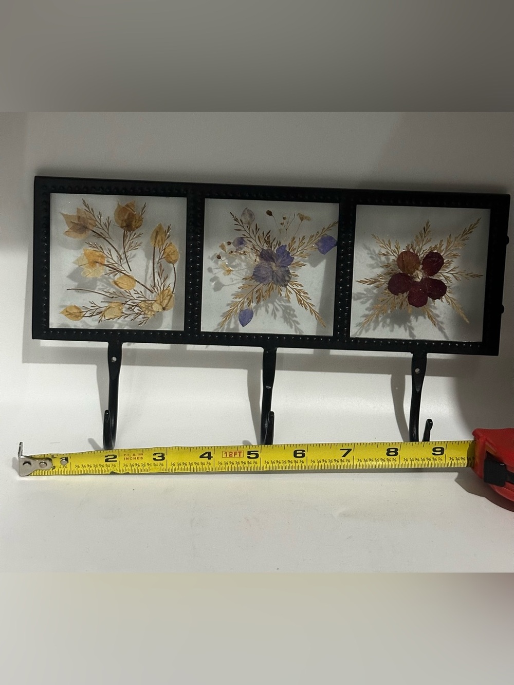 Pressed Floral Wall Hook Panel in Black with Gold, Purple, and Burgundy Accents
